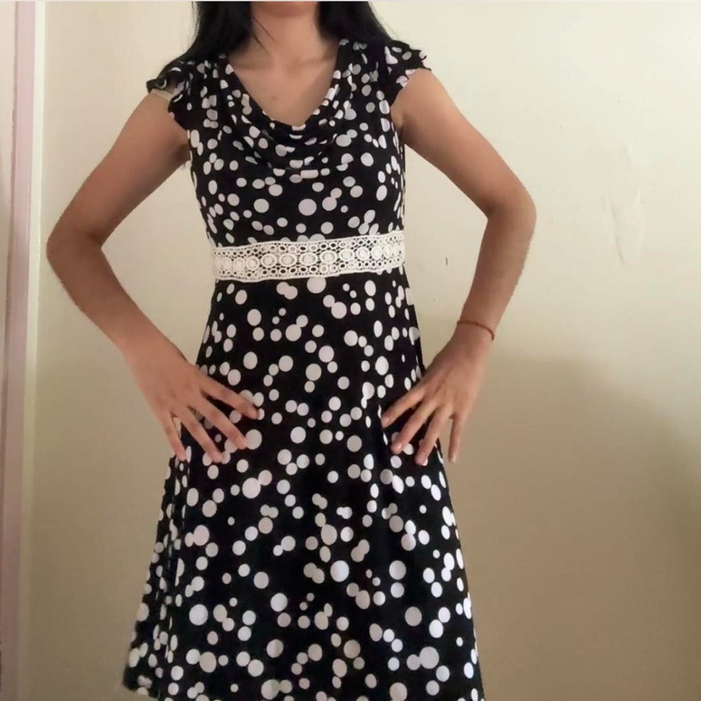 Karin Stevens Black & White Polka Dot Dress – Size 6, Lace Waist Detail